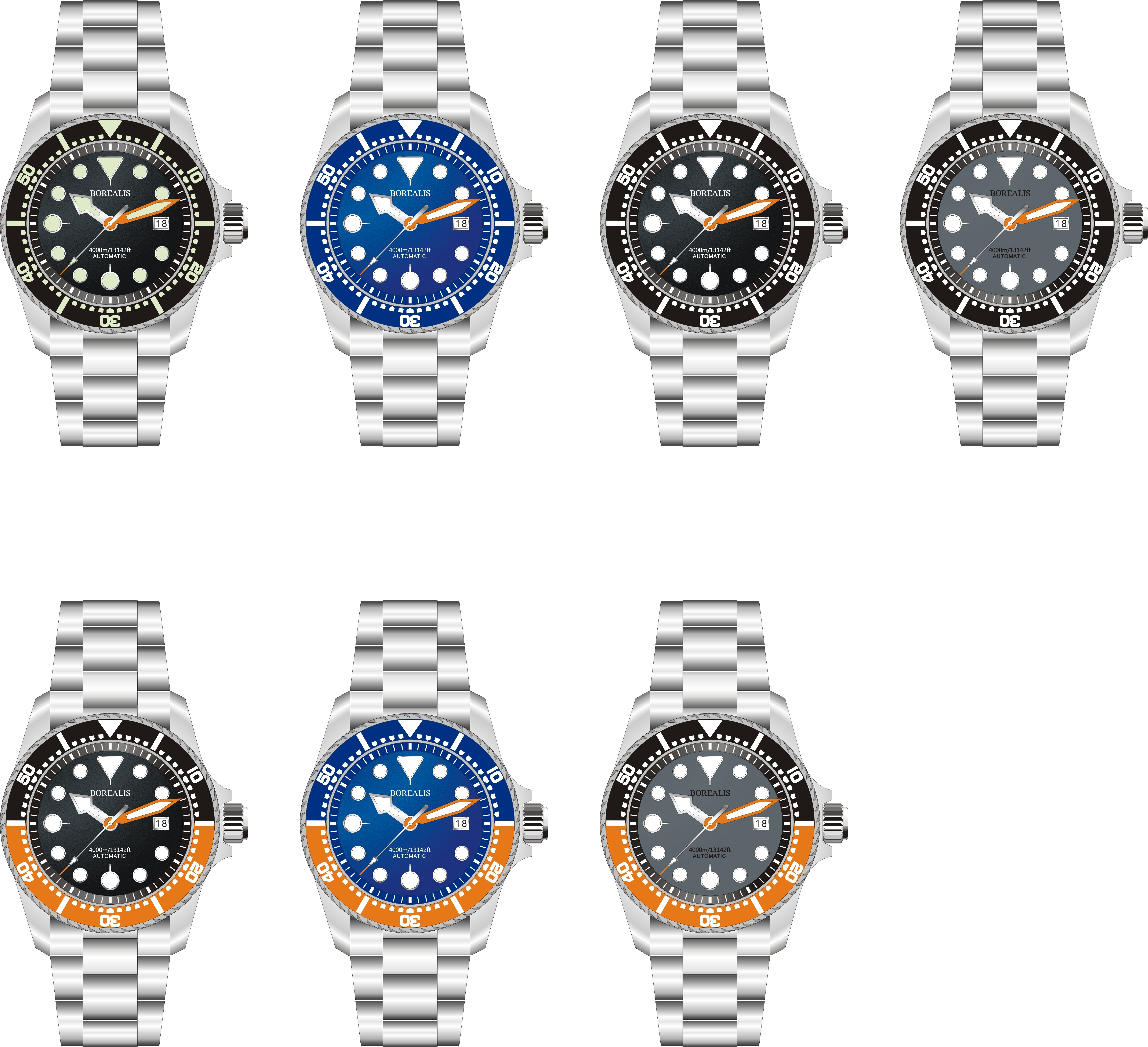 Borealis Seafarer II Stainless Steel Gray BGW9 Sapphire Turbine Style Grip Bezel 4000m Miyota 9015 Automatic Diver Watch