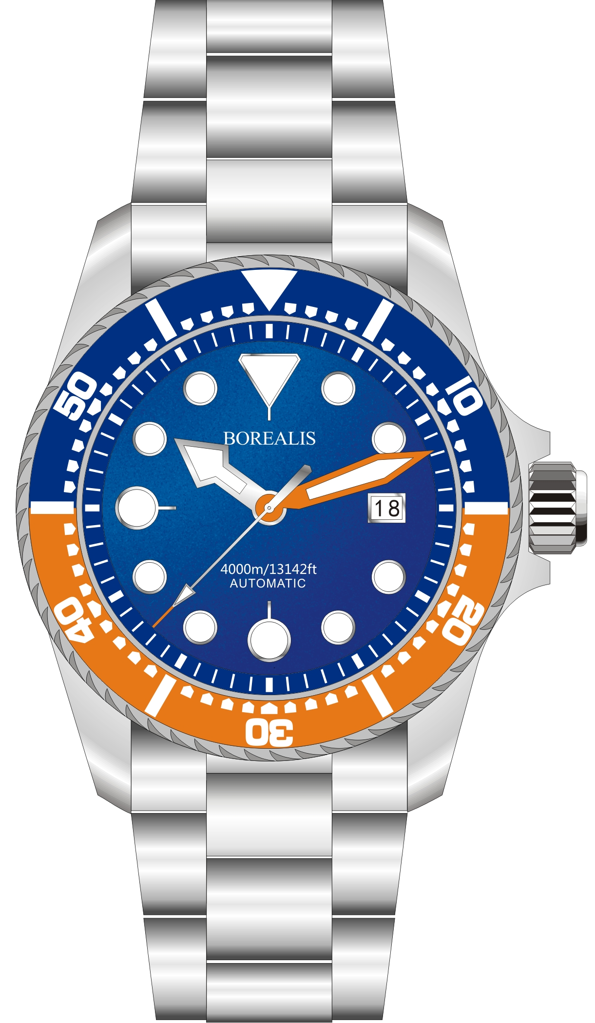 Borealis Seafarer II Stainless Steel Blue Orange BGW9 Sapphire Turbine Style Grip Bezel 4000m Miyota 9015 Automatic Diver Watch BSFIIBLUEORANGEBGW9