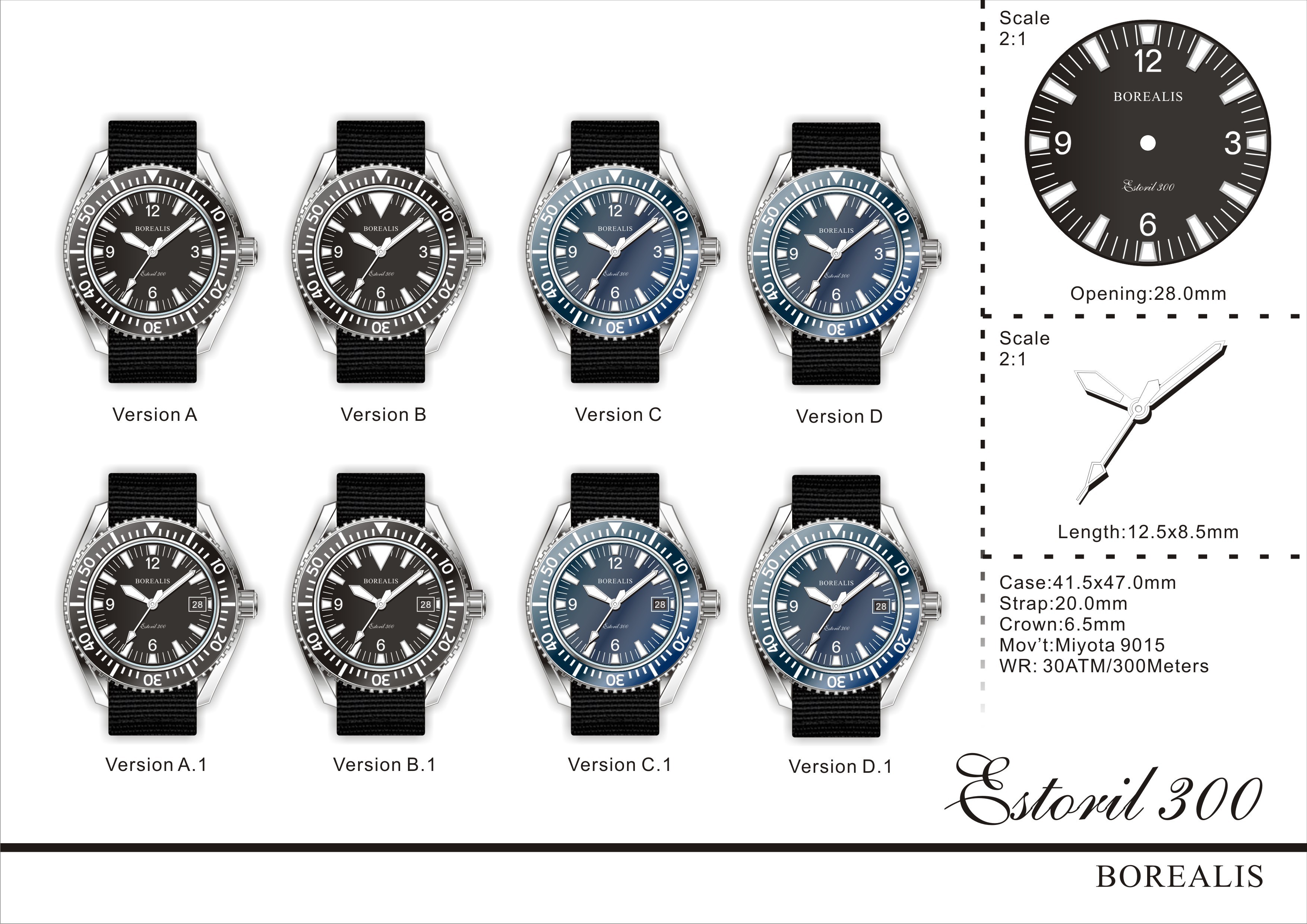 Borealis Estoril 300 Blue Dial Arabic Numbers Date Sapphire Bezel Miyota 9015 Automatic Diver Watch 300m