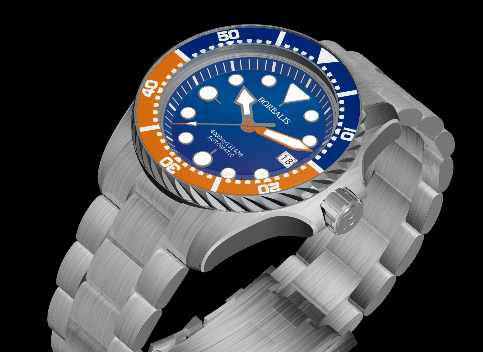 Borealis Seafarer II Stainless Steel Blue Orange BGW9 Sapphire Turbine Style Grip Bezel 4000m Miyota 9015 Automatic Diver Watch