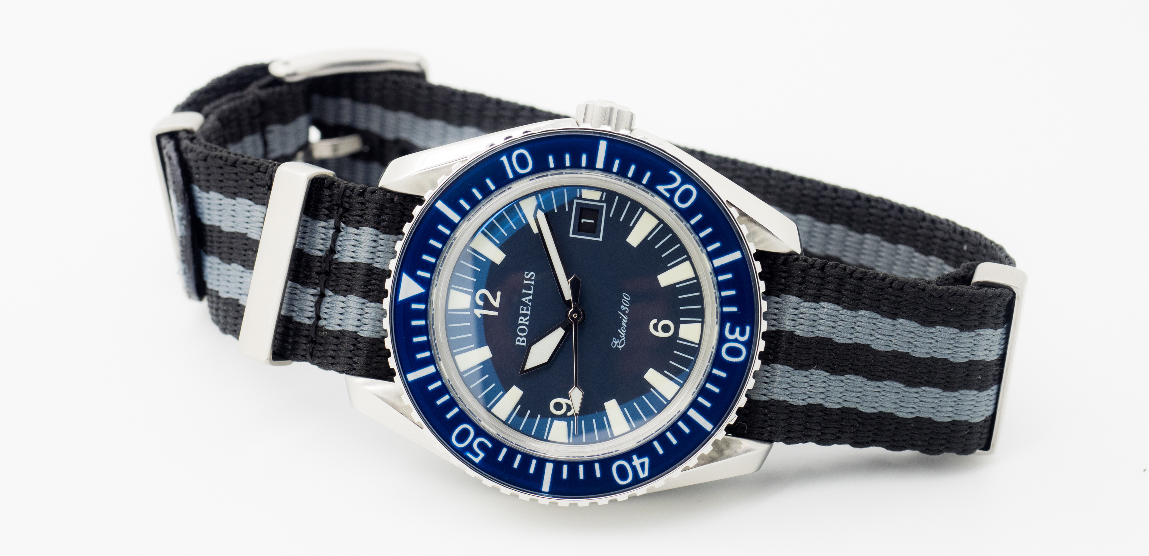 Borealis Estoril 300 Blue Dial Arabic Numbers Date Sapphire Bezel Miyota 9015 Automatic Diver Watch 300m