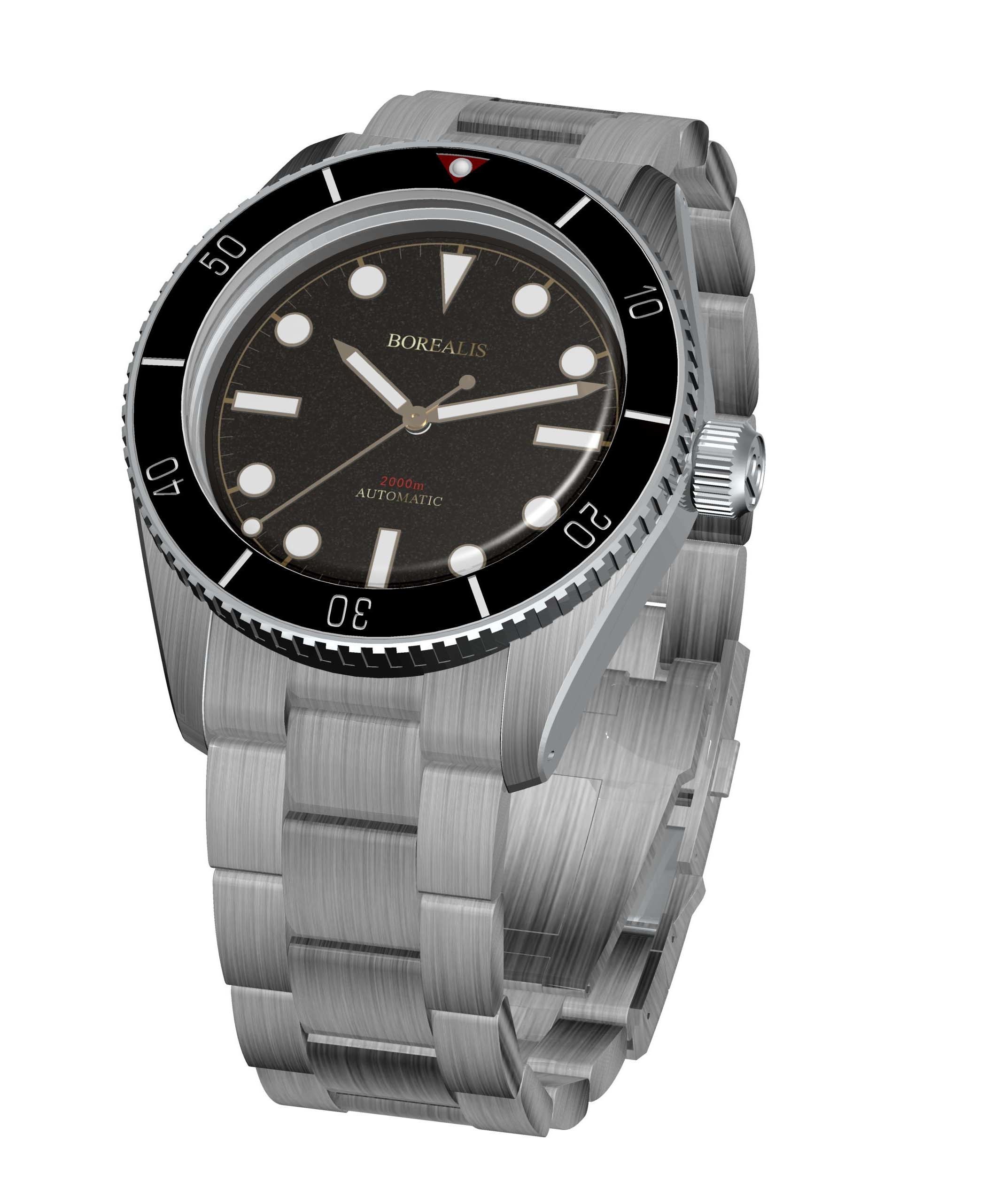 Borealis Bull Shark Automatic Diver Watch No Date Miyota 9015 Ceramic Black Bezel Black Dial