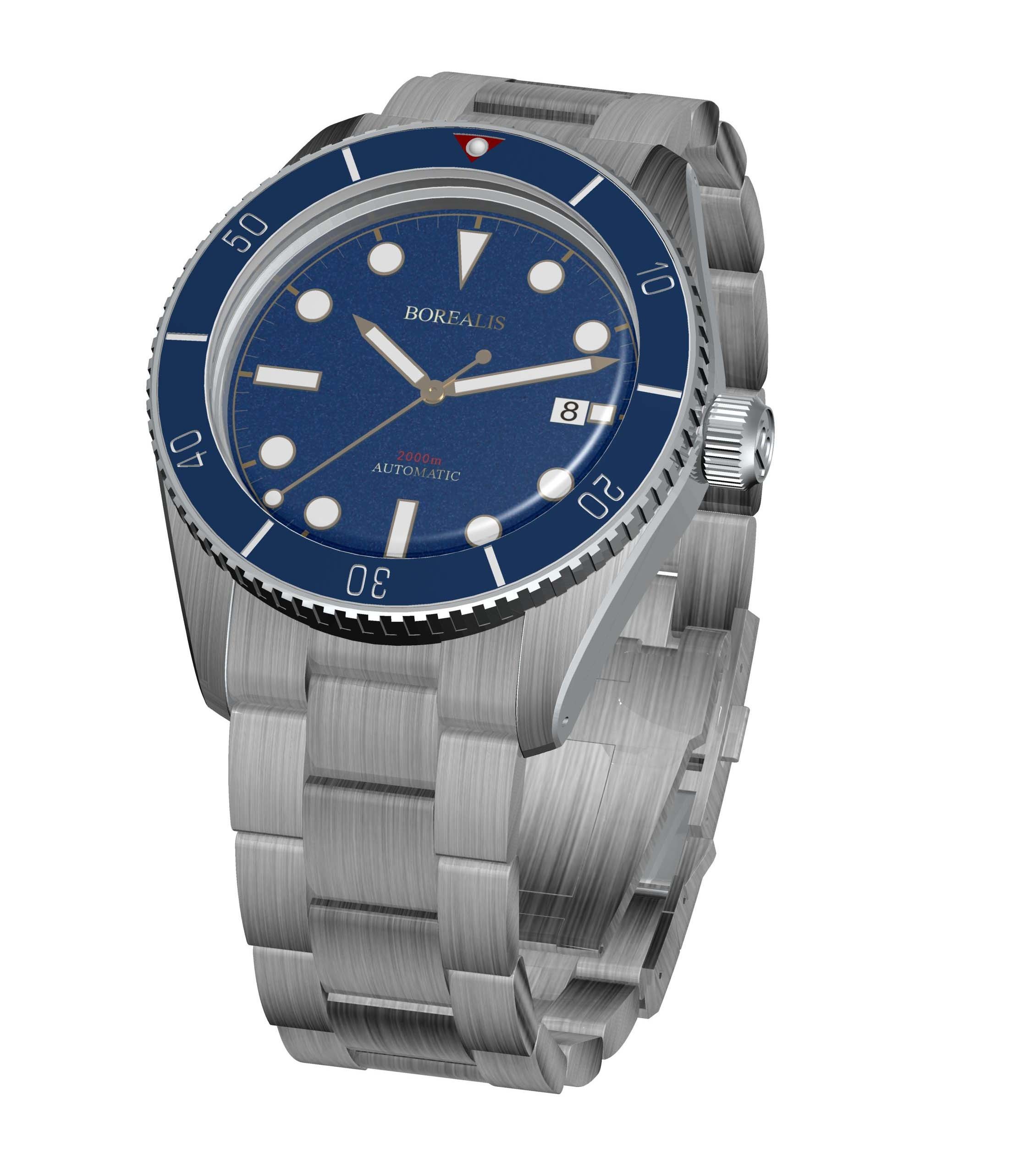 Borealis Bull Shark Automatic Diver Watch Date Miyota 9015 Ceramic Blue Bezel Blue Dial