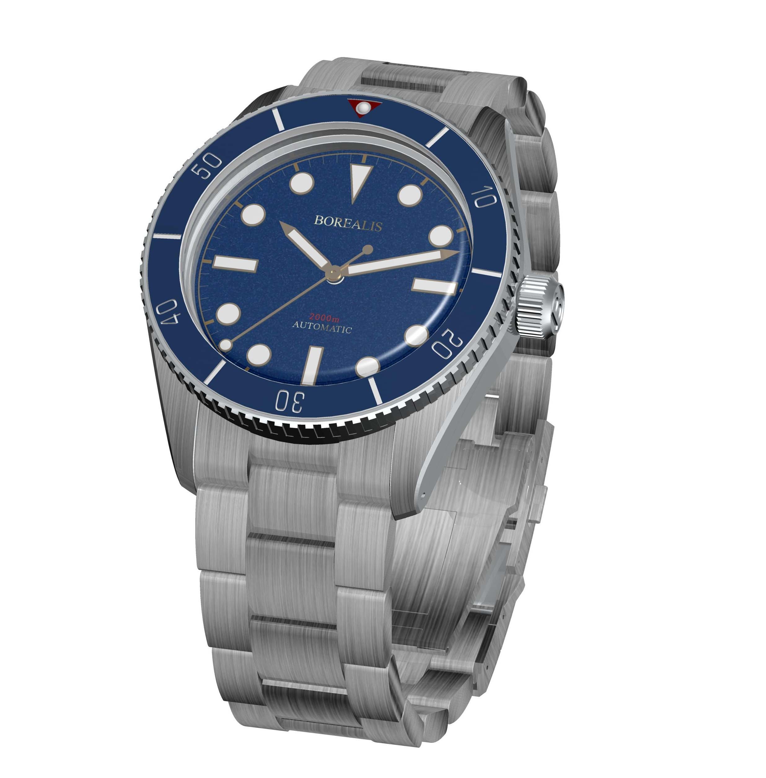Borealis Bull Shark Automatic Diver Watch No Date Miyota 9015 Ceramic Blue Bezel Blue Dial