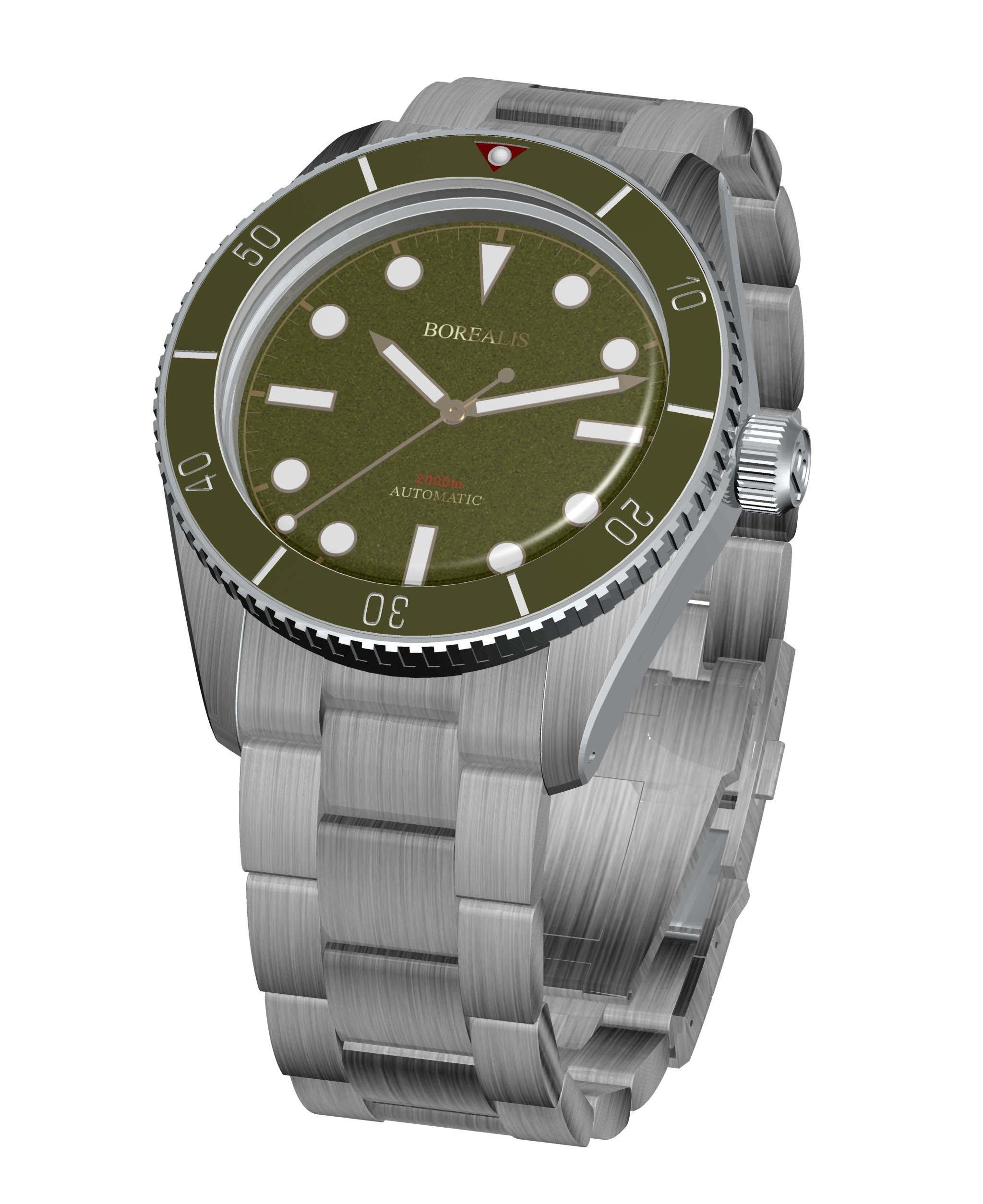 Borealis Bull Shark Automatic Diver Watch No Date Miyota 9015 Ceramic Green Bezel Green Dial