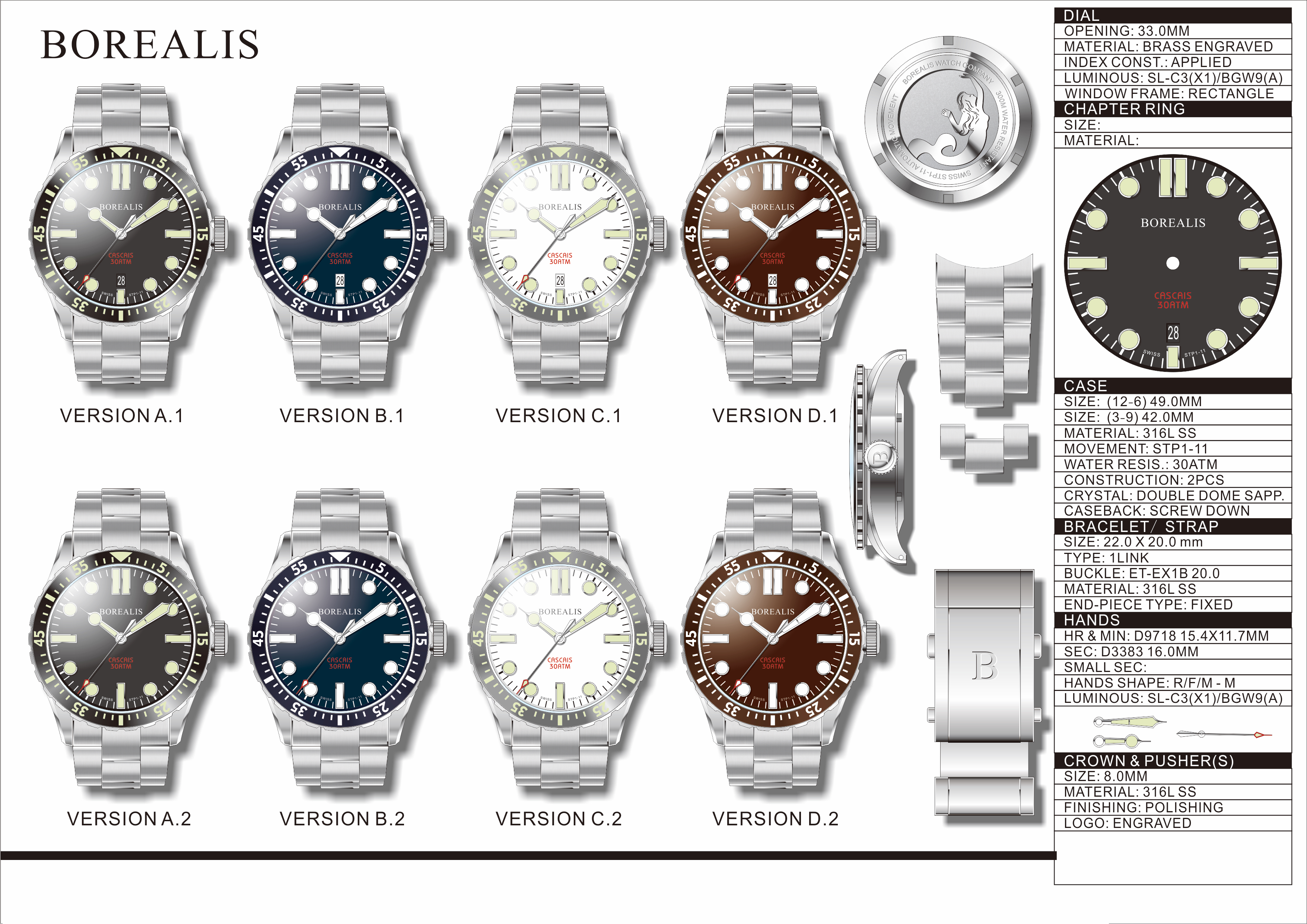 Borealis Cascais White Dial Pencil Hands Date C3 X1 Lume