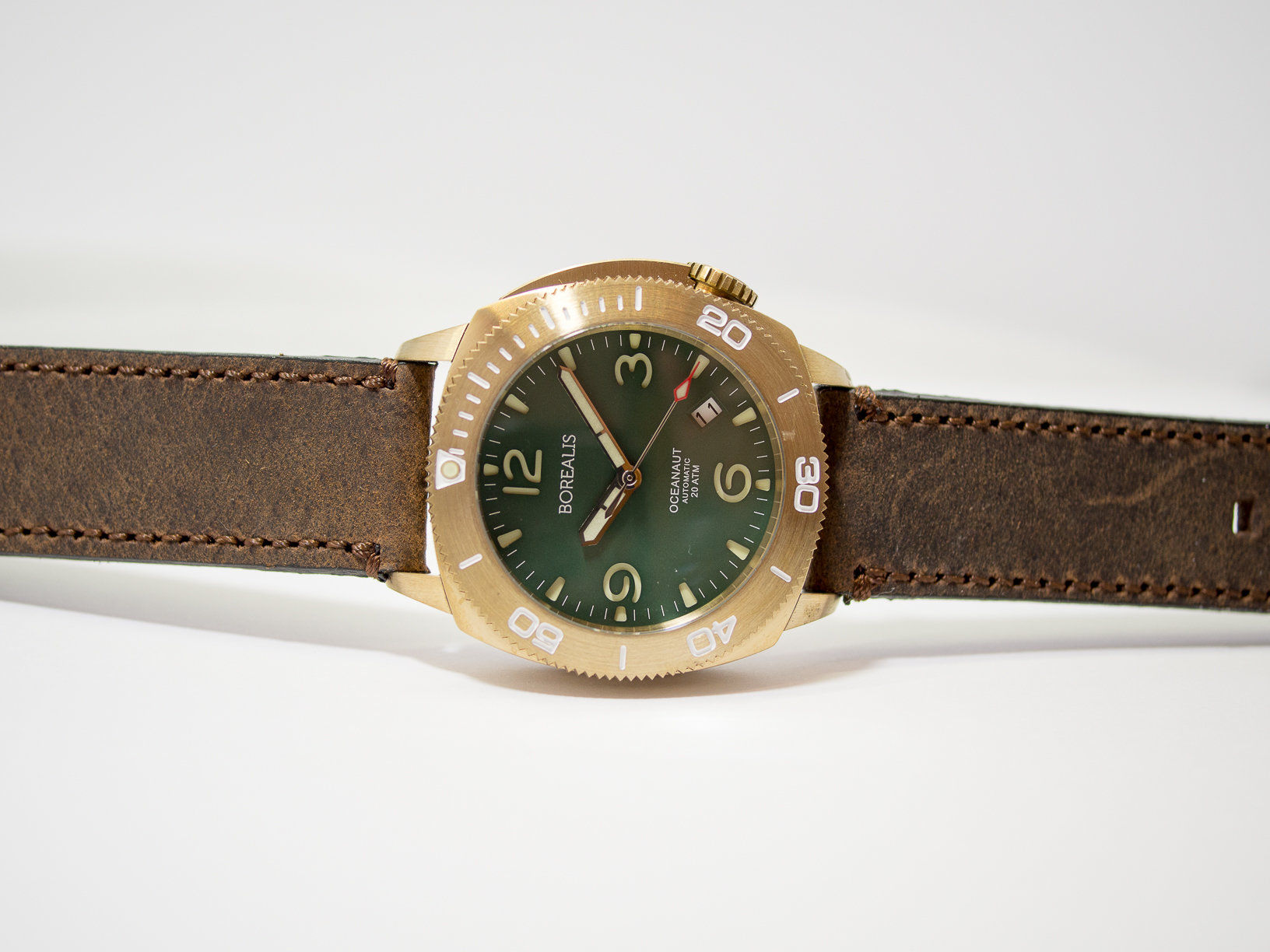 Borealis Oceanaut Aluminum Bronze Green Date 200m NH35 Automatic Diver Watch