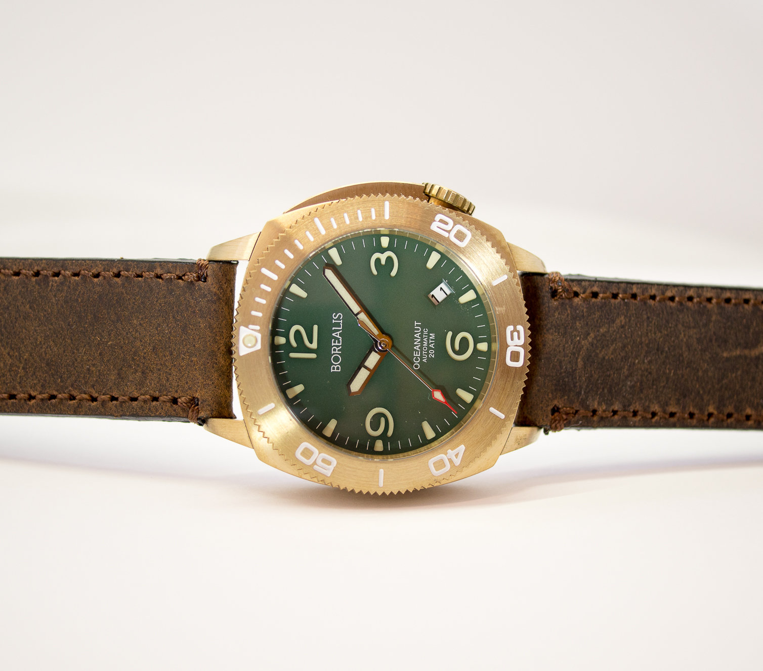 Borealis Oceanaut Aluminum Bronze Green Date 200m NH35 Automatic Diver Watch