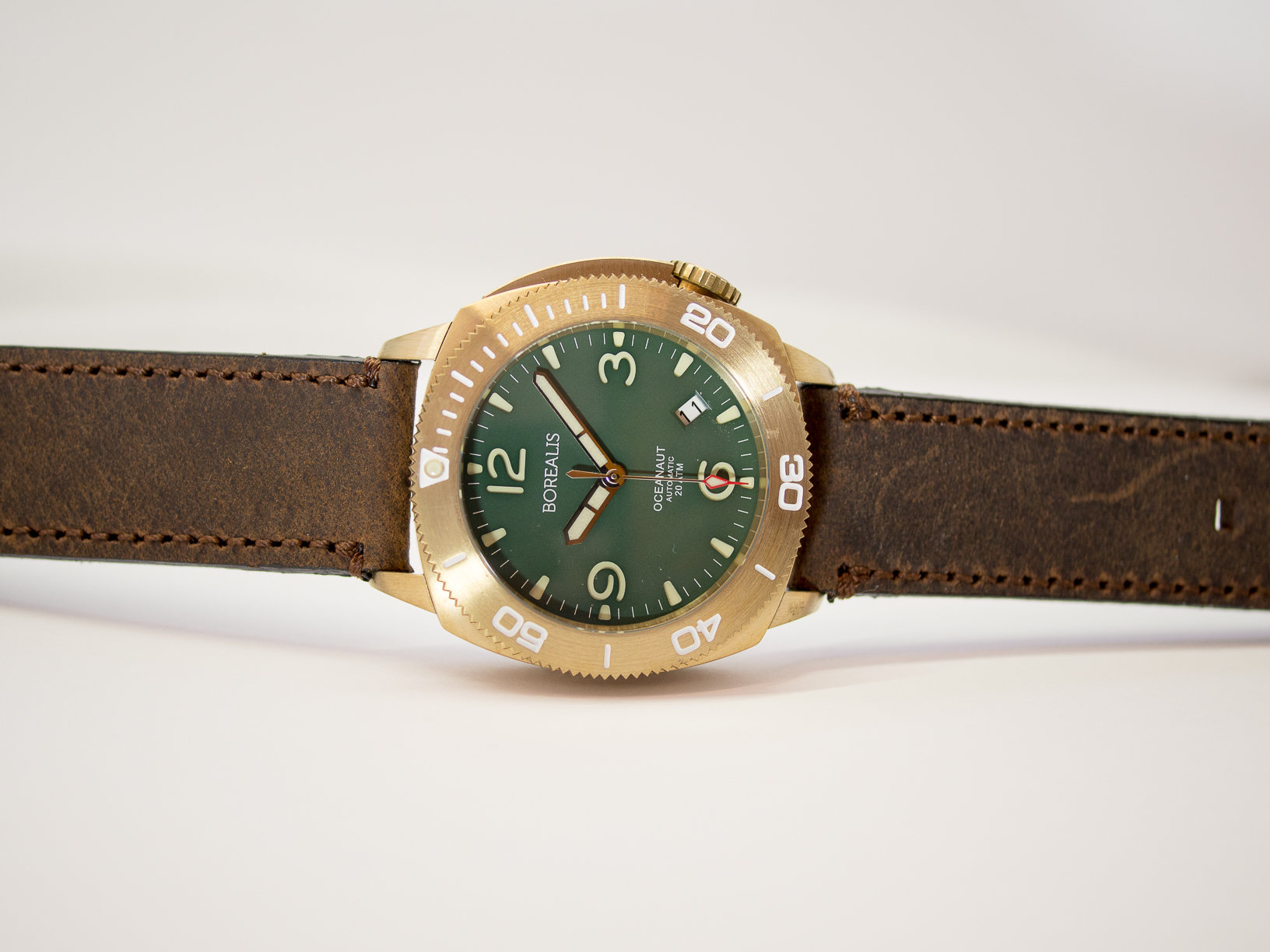 Borealis Oceanaut Aluminum Bronze Green Date 200m NH35 Automatic Diver Watch