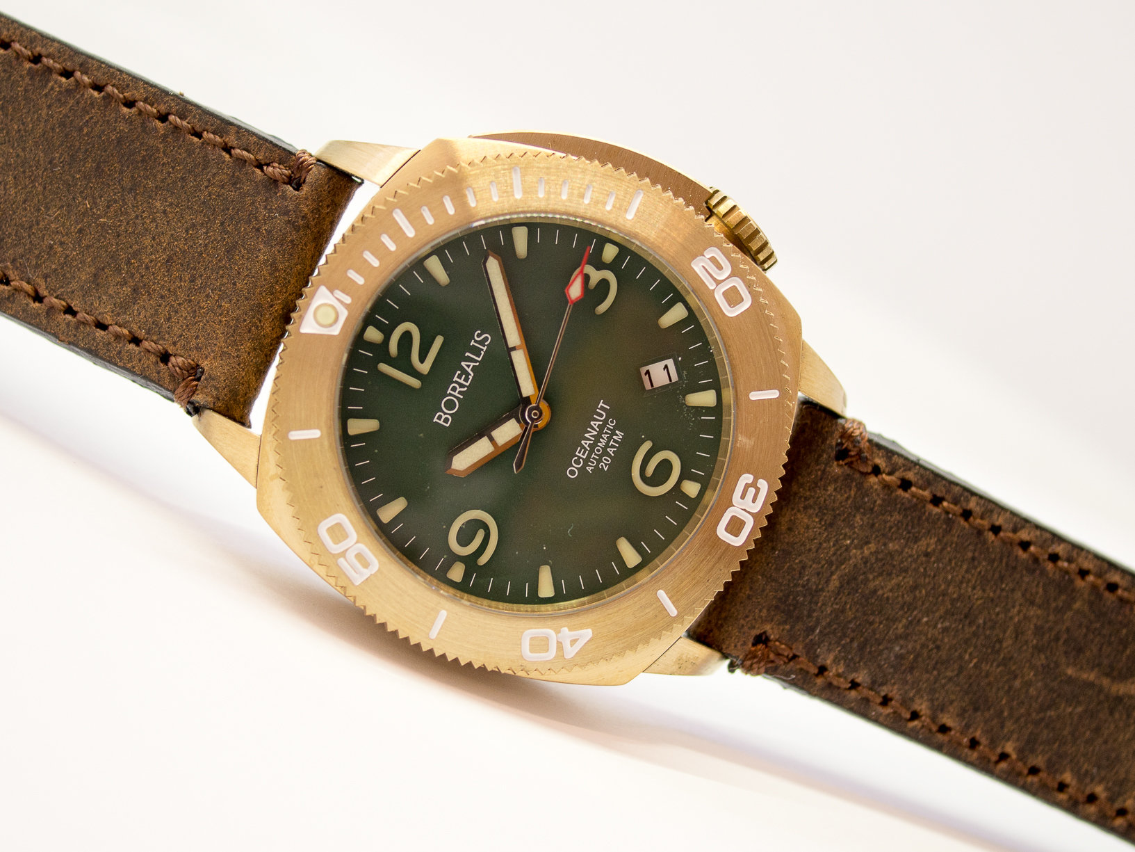 Borealis Oceanaut Aluminum Bronze Green Date 200m NH35 Automatic Diver Watch