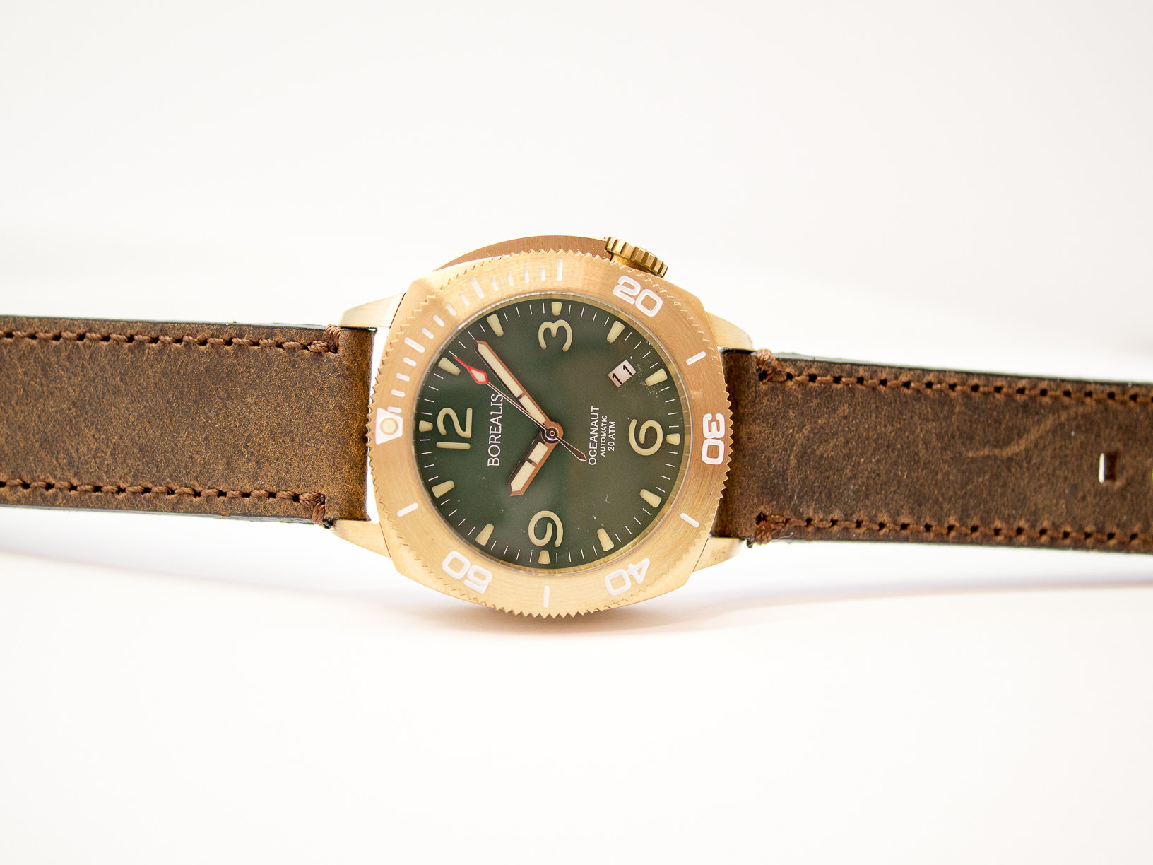 Borealis Oceanaut Aluminum Bronze Green Date 200m NH35 Automatic Diver Watch