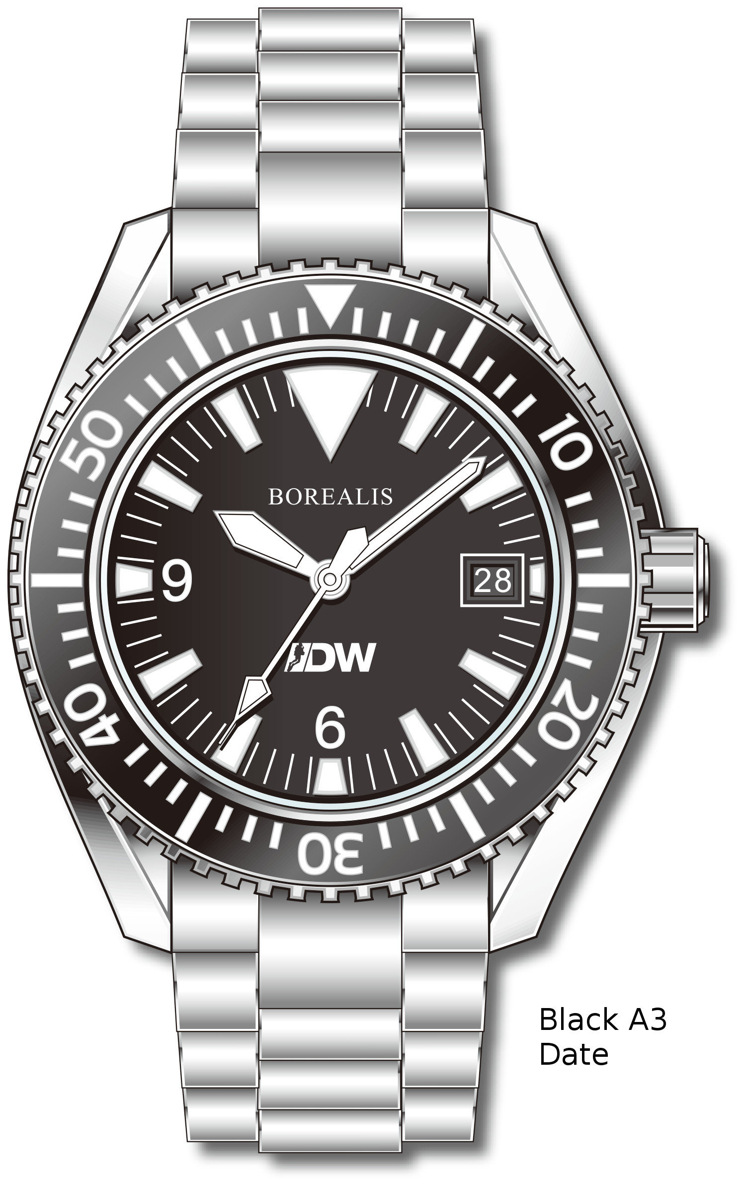 Pre-Order Borealis Estoril 300 for Diver's Watches Facebook Group Black Dial Big Triangle Date Black A3 EDWFBGBLACKA3DT