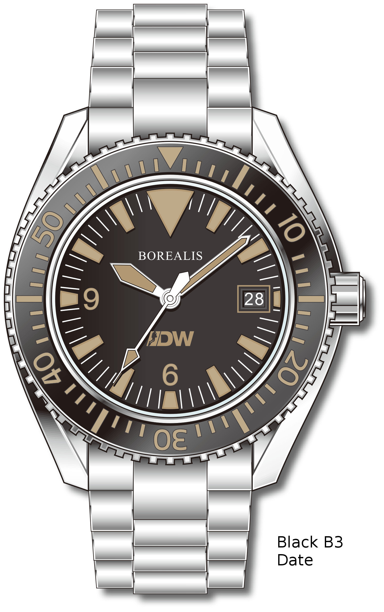 Pre-Order Borealis Estoril 300 for Diver's Watches Facebook Group Black Dial Big Triangle Date Black B3 Date EDWFBGBLACKB3DT