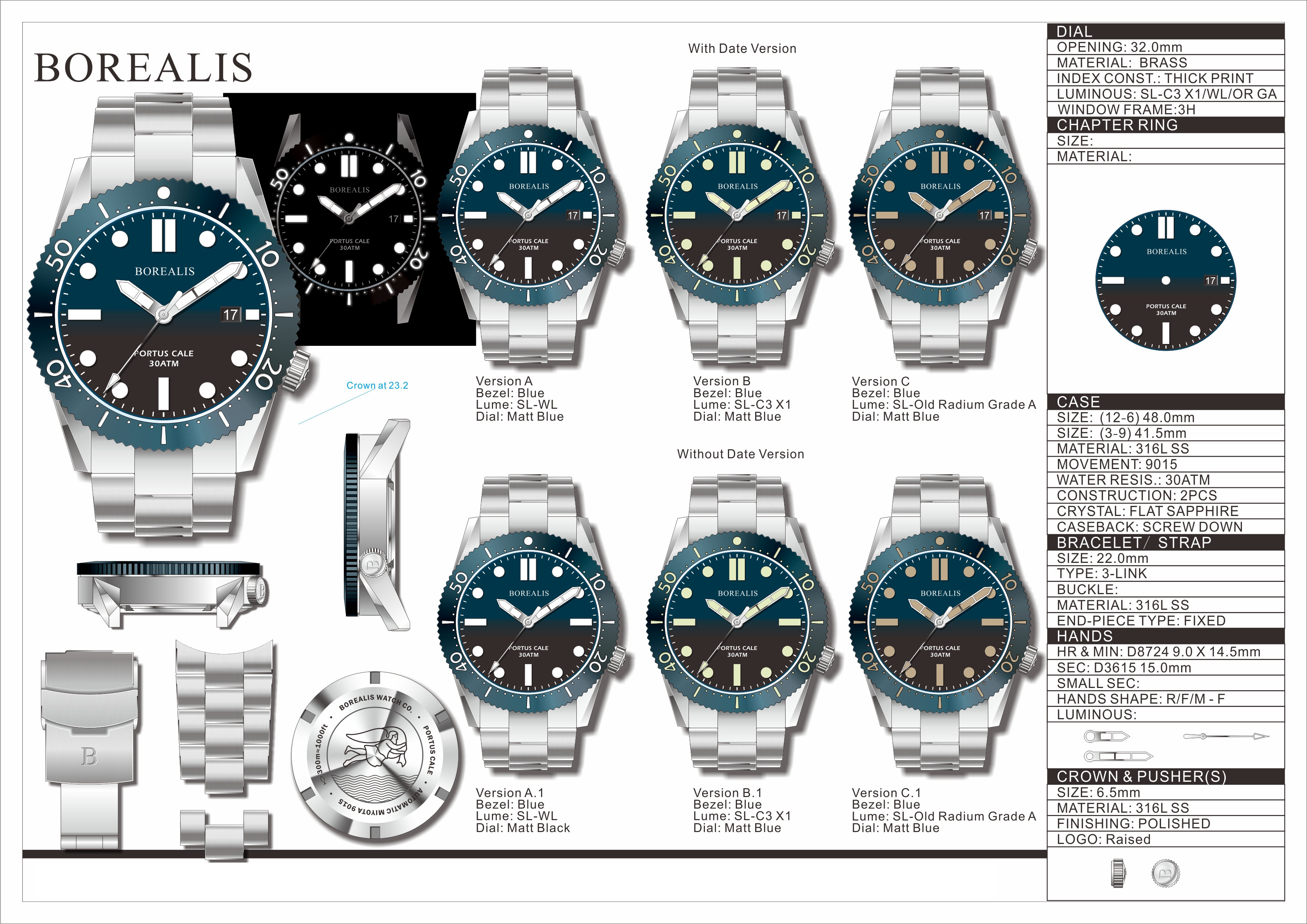 Borealis Portus Cale Blue Fade to Black Version B1 Dial C3X1 No Date