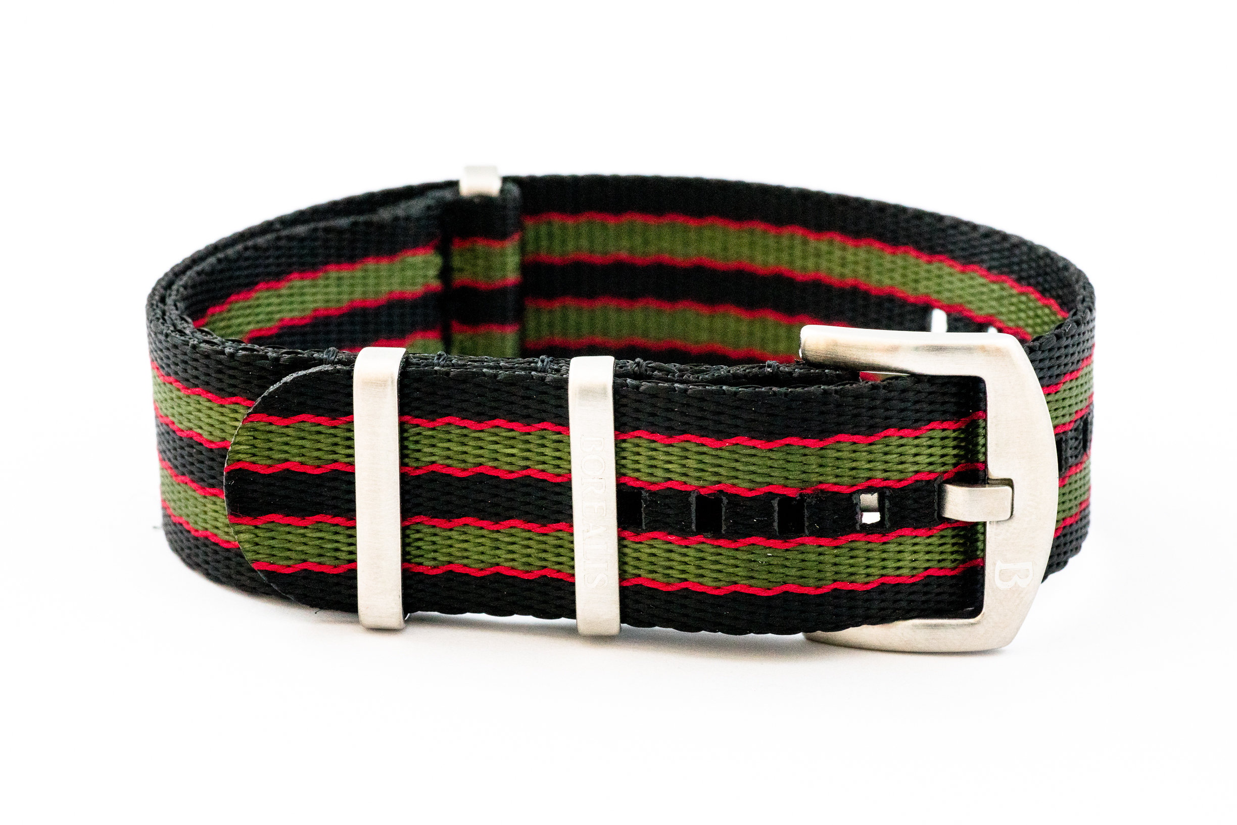 Premium Nato style seatbelt nylon strap 22mm size three tone black red green BSBNSBREDGREEN22MM