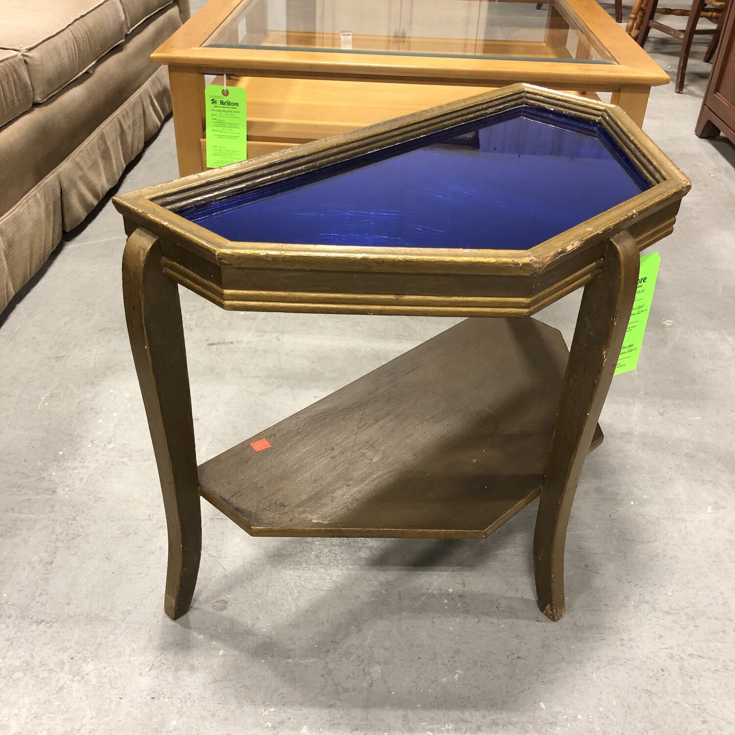 Antique GoldPainted Side Table w/ Blue Glass Top