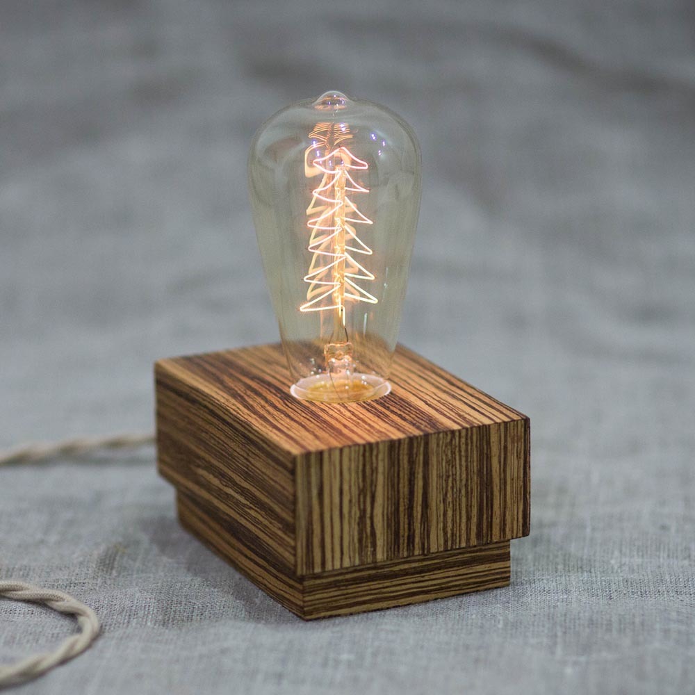 Настольный ретро светильник из дерева зебрано Edison Zebrano Christmas Box. Лампа Эдисона 40W с регулятором TW-ZebranoEdisonChristmasBox