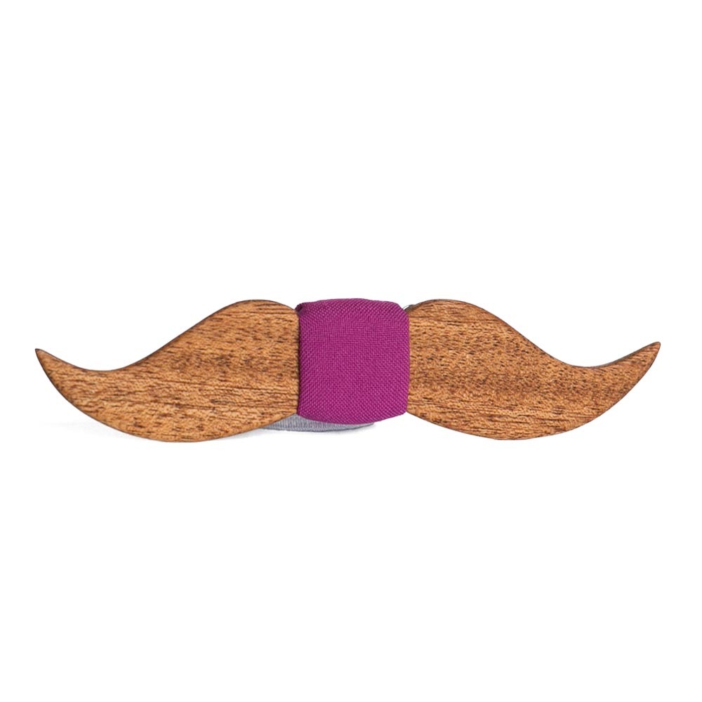 Мужской галстук-бабочка из дерева тиама Mustache Santa Фуксия + платок для кармана пиджака TBT-MustacheSantaFuchsia