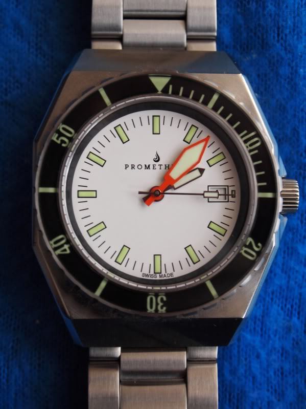 Prometheus Trireme Swiss Made Automatic Diver Watch Sapphire Bezel White Dial Plongeur Hands PMTTWDP