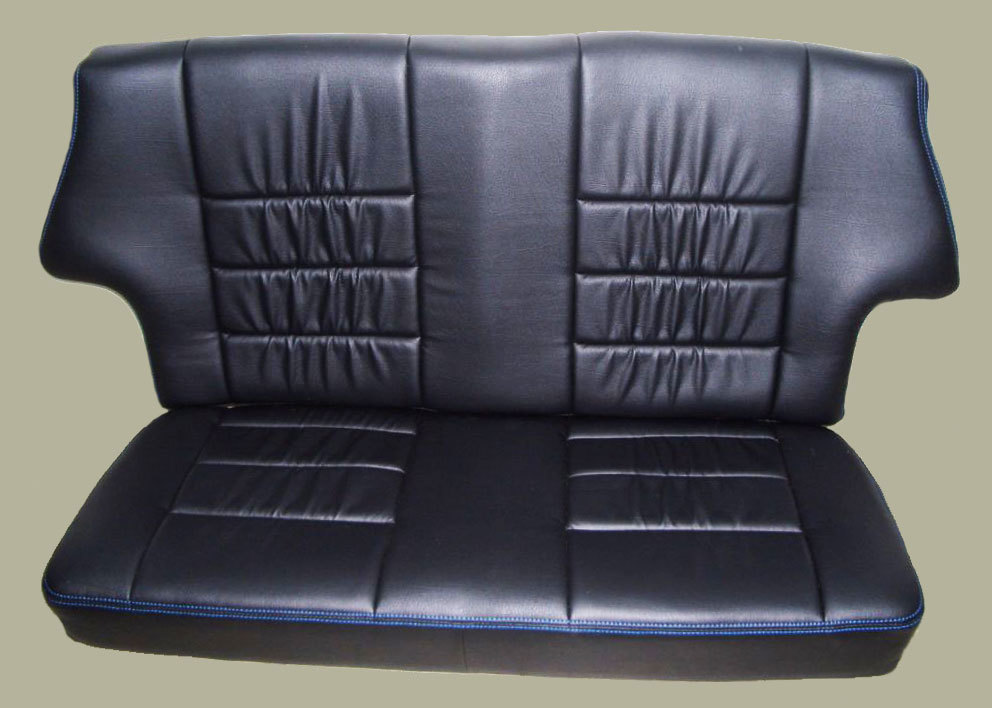 Classic Mini Replacement Seat Covers, Black with Blue Stitching, front and rear