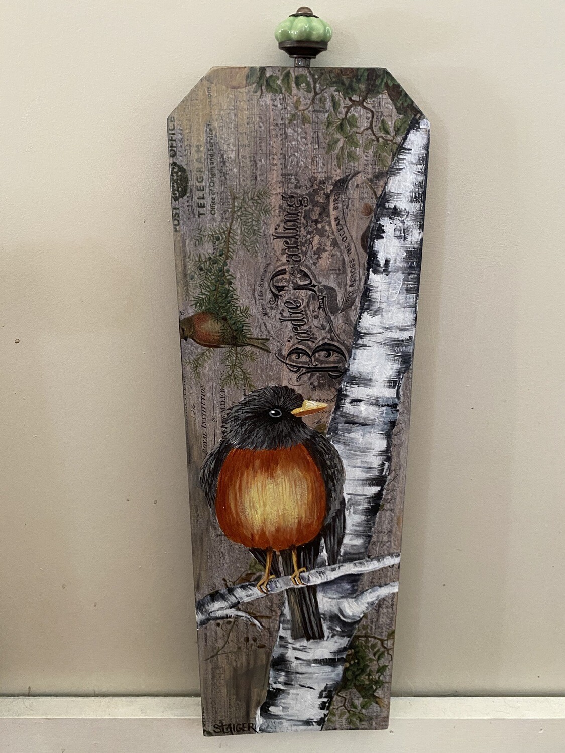 Robin on Birch Wallhanging | Finely Finished by Sandra Staiger Robin on Birch Wallhanging | Finely Finished by Sandra Staiger