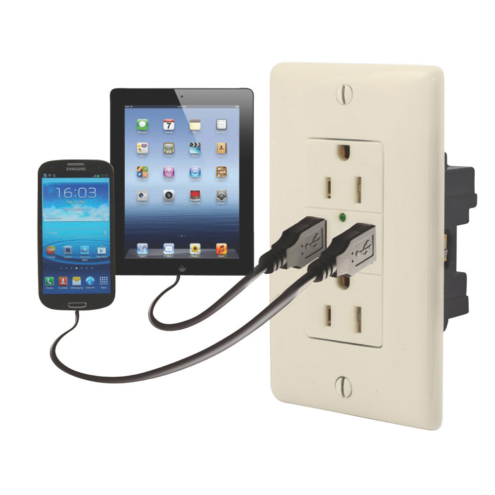 Dual USB Charger with Duplex Receptacle - Almond 61071USB