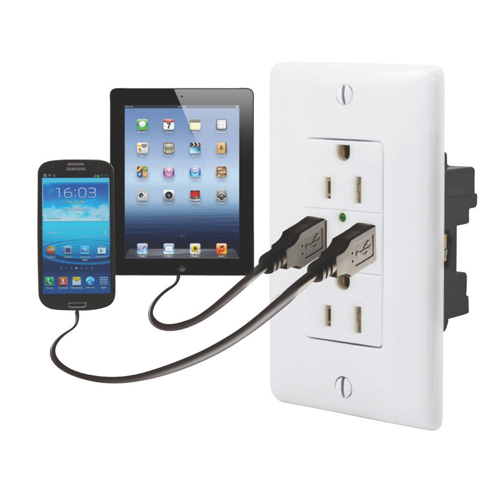 Dual USB Charger with Duplex Receptacle - White Dual USB Charger with Duplex Receptacle - White