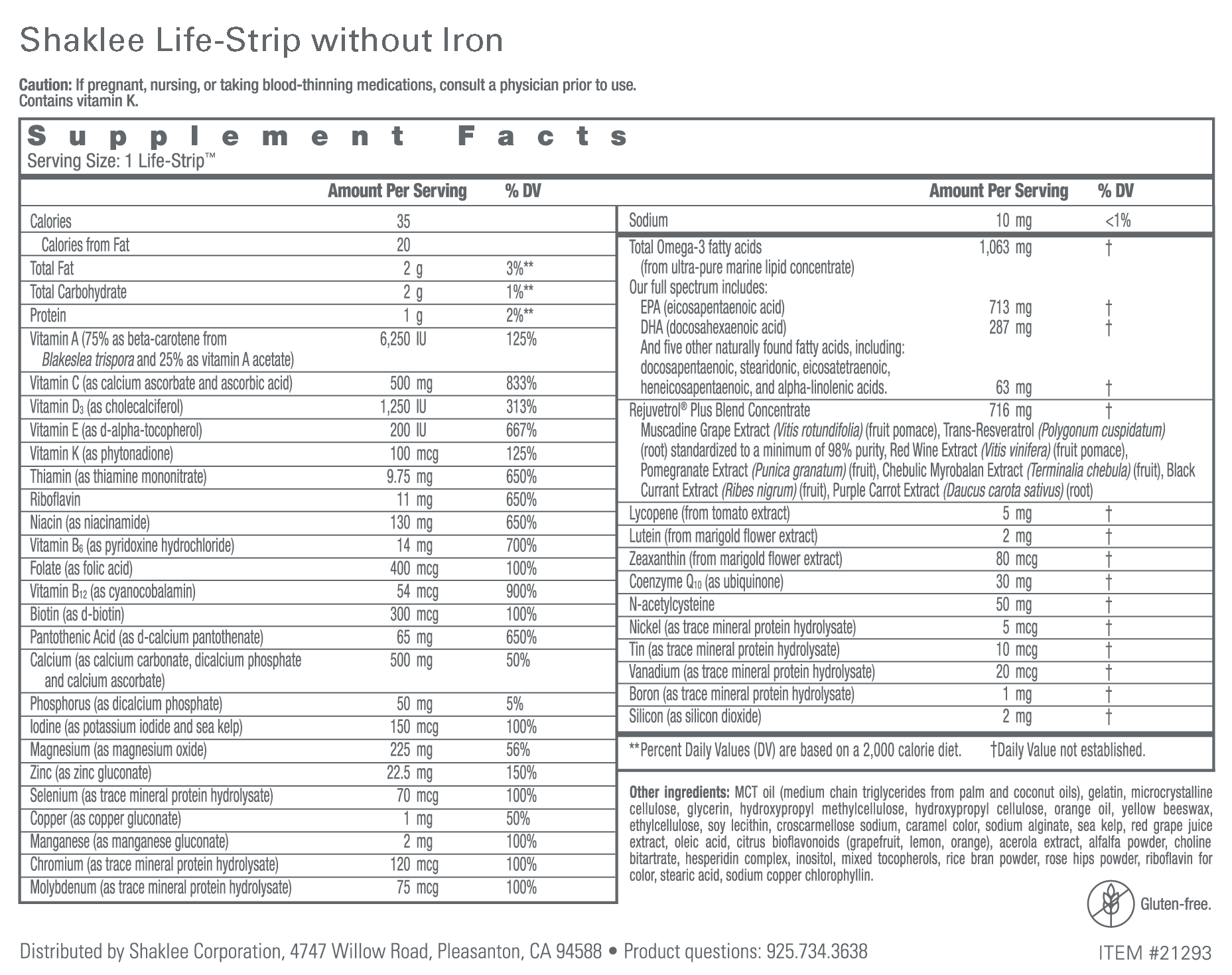 Shaklee Life-Strip Without Iron Label