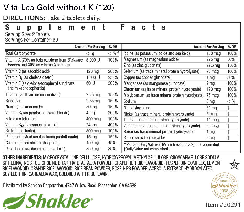 Vita-Lea Gold without K (Tablets 120) Label