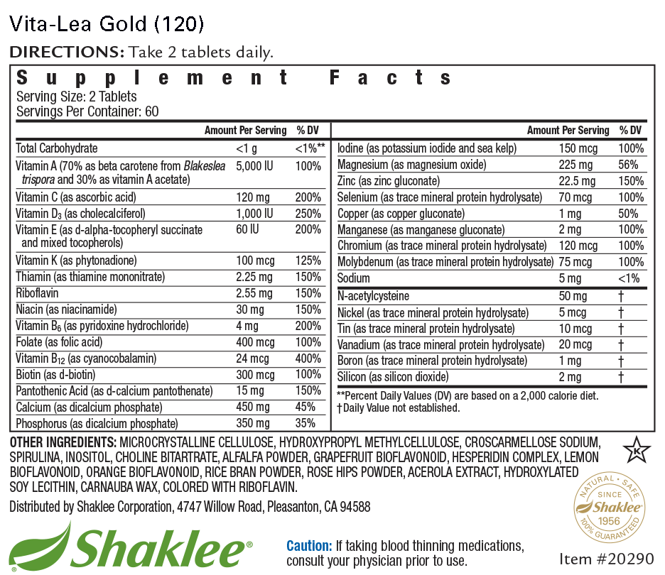 Vita-Lea Gold with K (Tablets 120) Label
