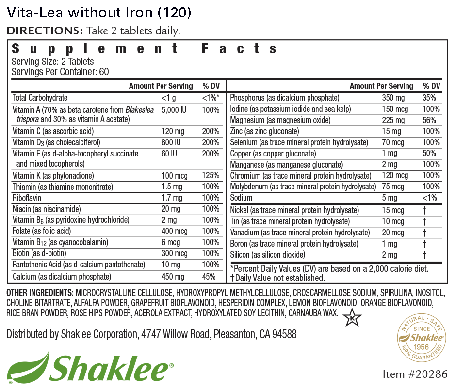 Vita-Lea without Iron Formula Label