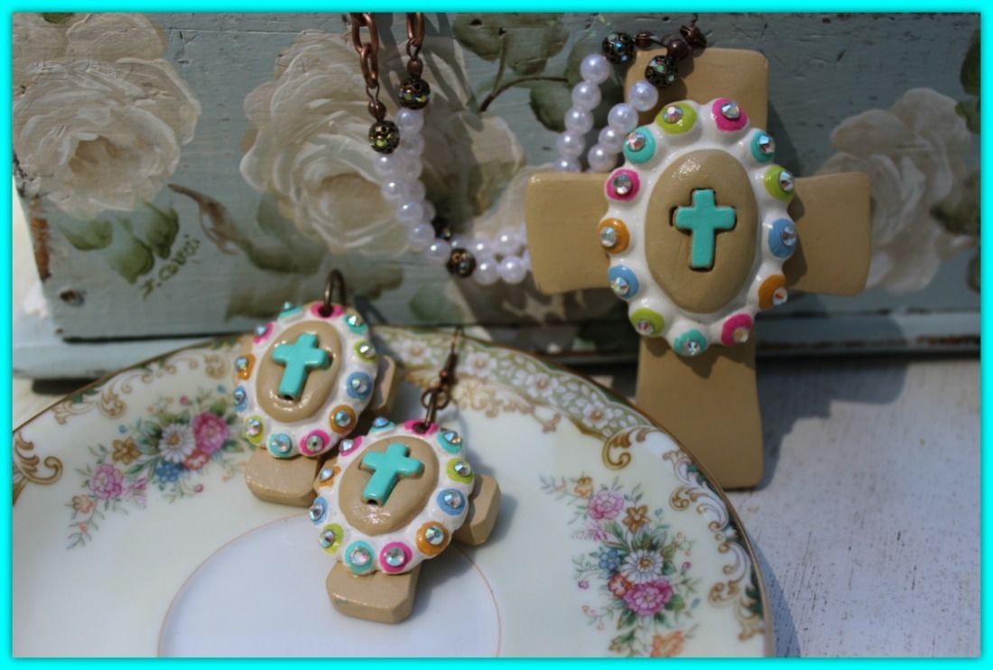 Faith In Spring Earrings - Hand-made Clay Cross with cabochon- Proudly Made In Alabama 00000165