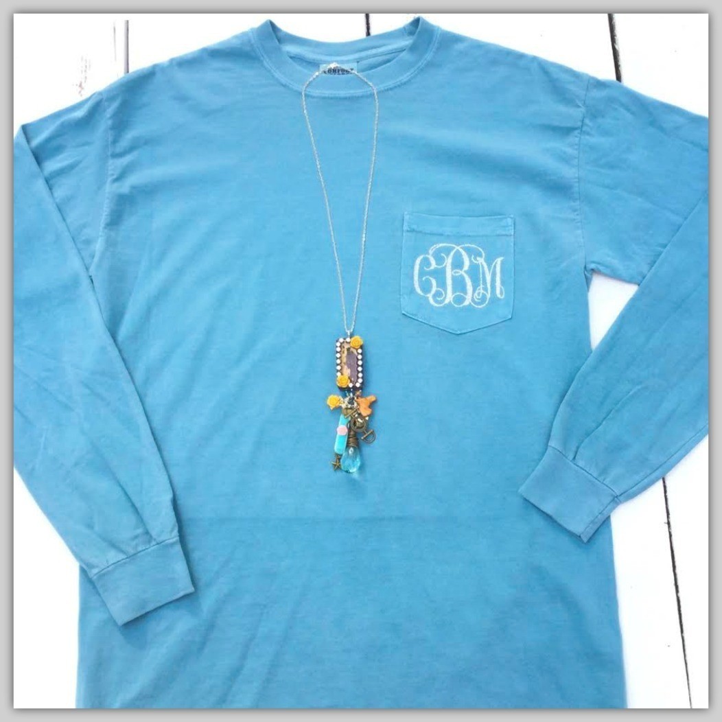 Custom Monogram Long Sleeve Comfort Colors Pocket Tee Ice Blue