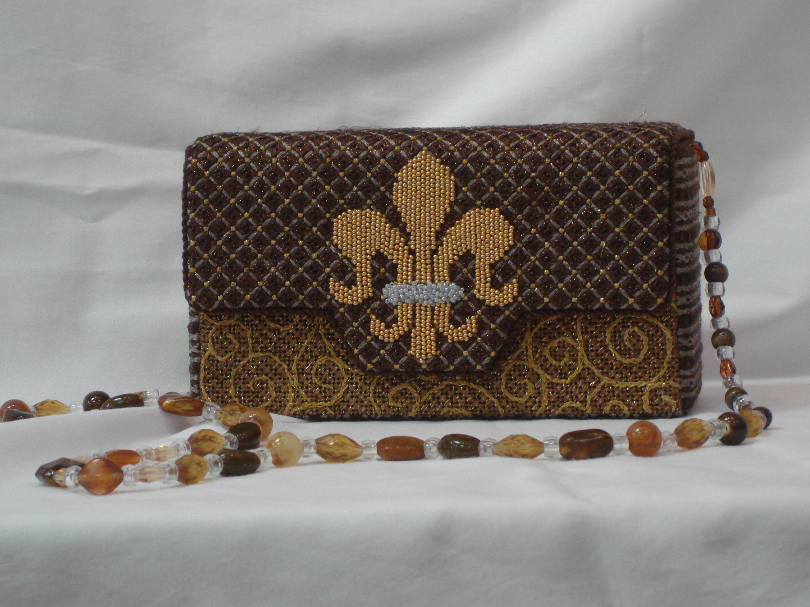 Fleur de Leis & Vines on Brown, Brick Bag (Handpainted by JP Needlepoint