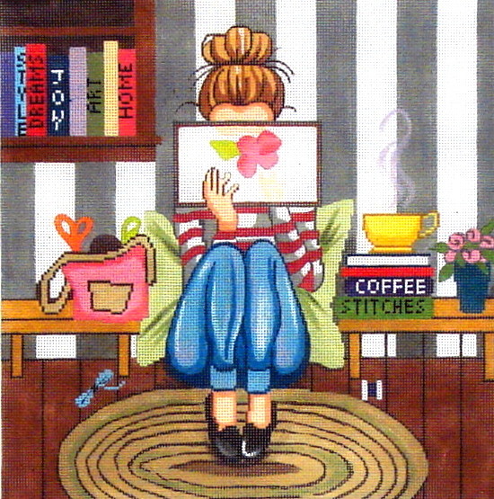 Girl Stitching handpainted needlepoint canvas from All About Stitching Girl Stitching handpainted needlepoint canvas from All About Stitching