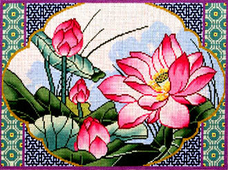 Framed Lotus (Hand Painted Needlepoint Canvas by Lee) 18*-P1226