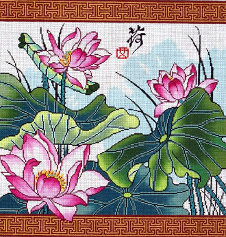 Lotus with Border (Hand Painted Needlepoint Canvas by Lee) 18*-WH-1239