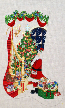 Santa, Stairs, Tree, Puppy Stocking B24-CS093