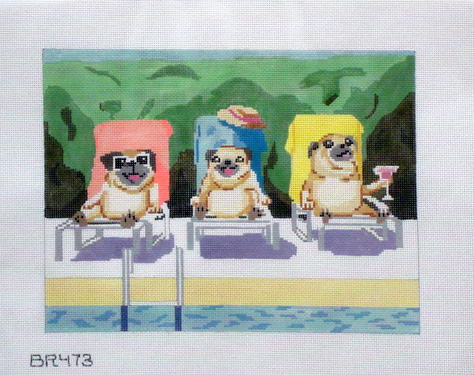 Poolside Pugs (Handpainted by Barbara Russell Designs) 18*473