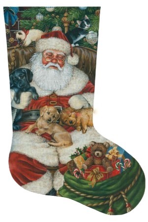 Sleeping Santa with Puppies & Kittens Stocking (Handpainted by Tapestry Tent Designs) 18*LGD-AXS064