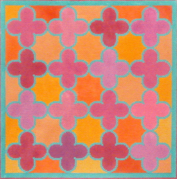 Moroccan Tiles (Quatrefoils in pinks, oranges w/turquoise) (Handpainted by Kate Dickerson Needlepoint Collection) 18*PL-139