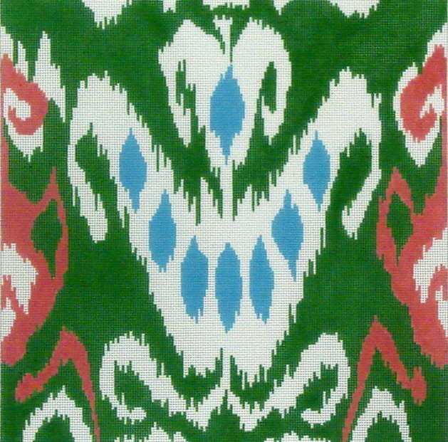 IKAT Square and 8 Blue Spots, Green, Coral and Aqua (Handpainted by Kate Dickerson) 18*PL-138
