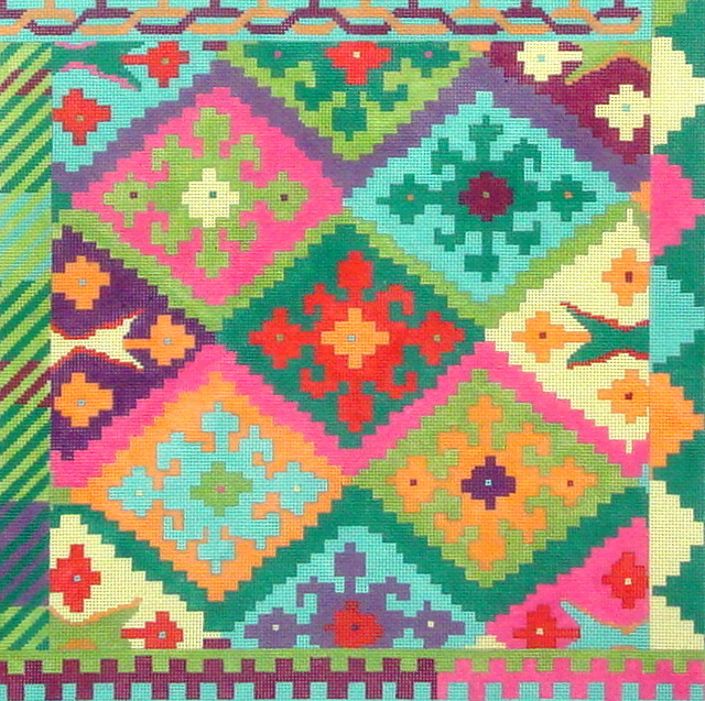 Kilim Square w/Stepped Diamonds, Circus Palette (Handpainted by Kate Dickerson) 18*PL-145