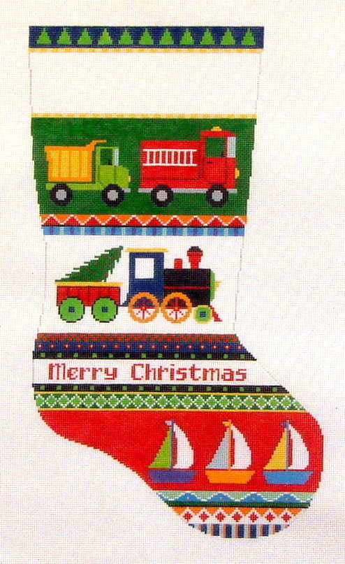 Trucks, Trains & Boats Stocking (Hand Painted Canvas by Susan Roberts) 18*3234