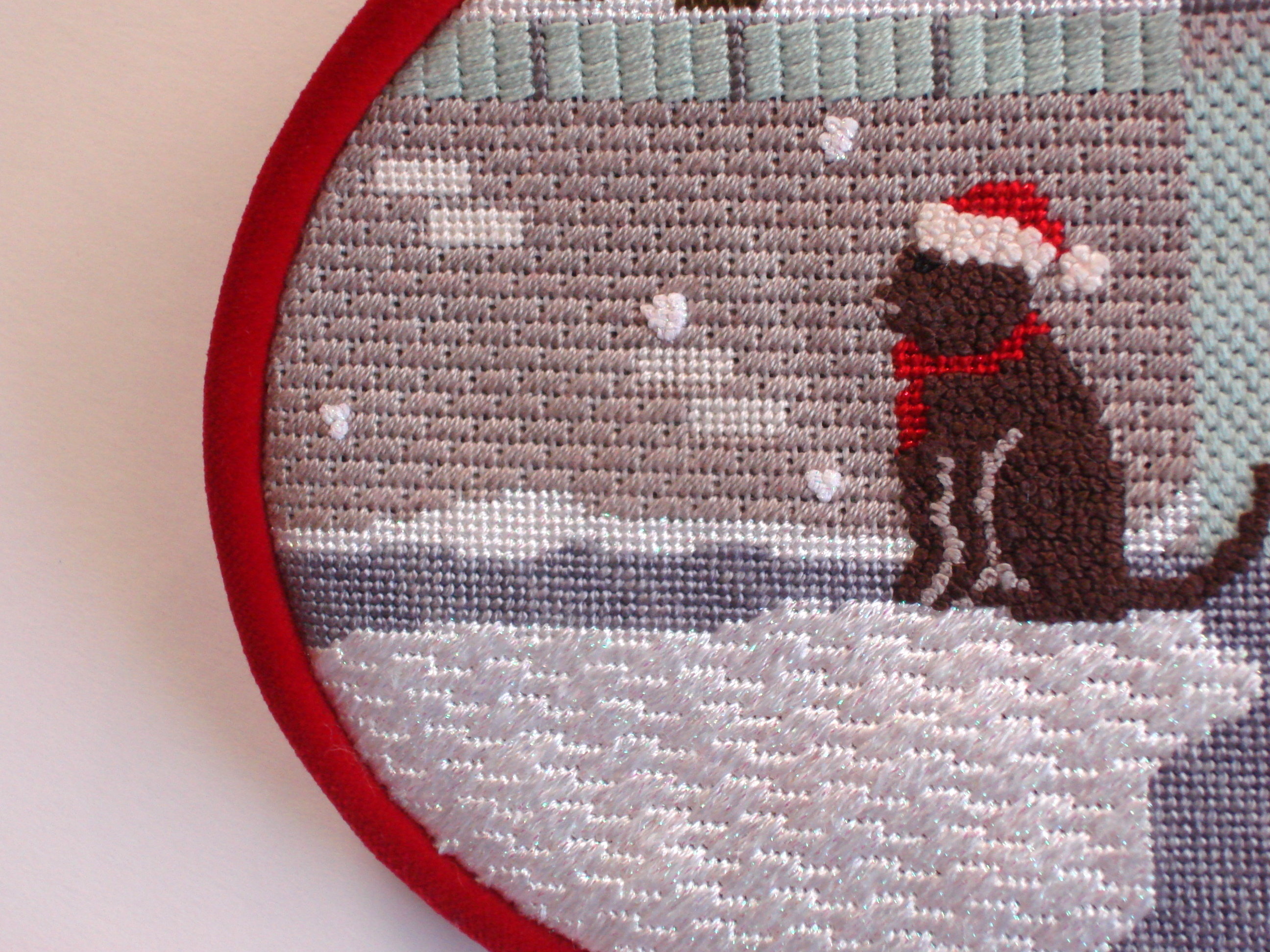 Christmas Townhouse Sock, model shown (hand painted by Mary Lake Thompson)
