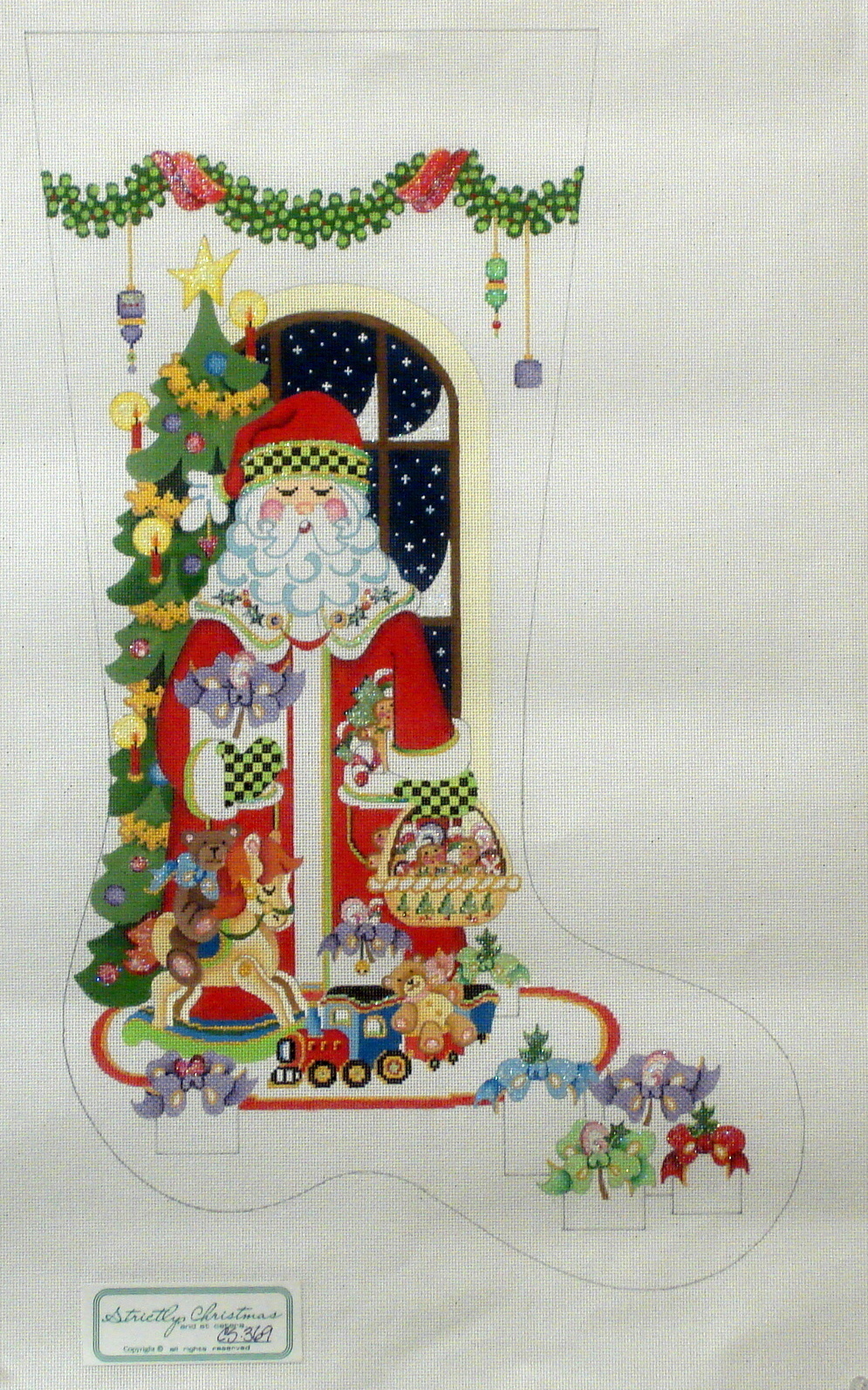 Santa in Green and Black Checkered Gloves Stocking (Handpainted by Strictly Christmas) 18*CS-369
