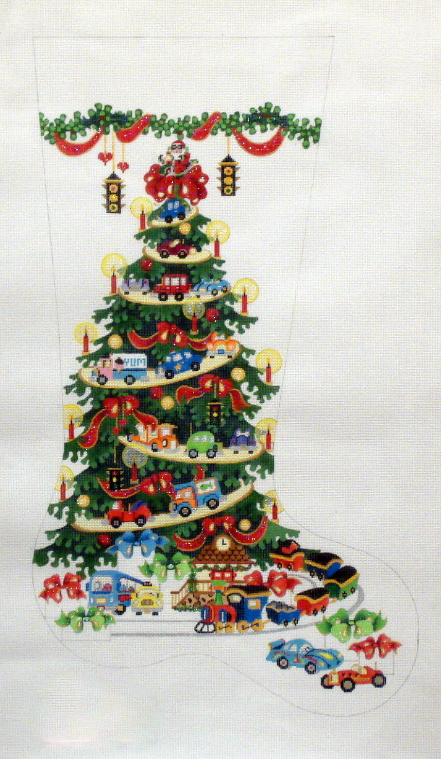 Transportation Tree, Cars & Trucks, Red Ribbons Stocking (handpainted by Strictly Christmas) 18*CS180