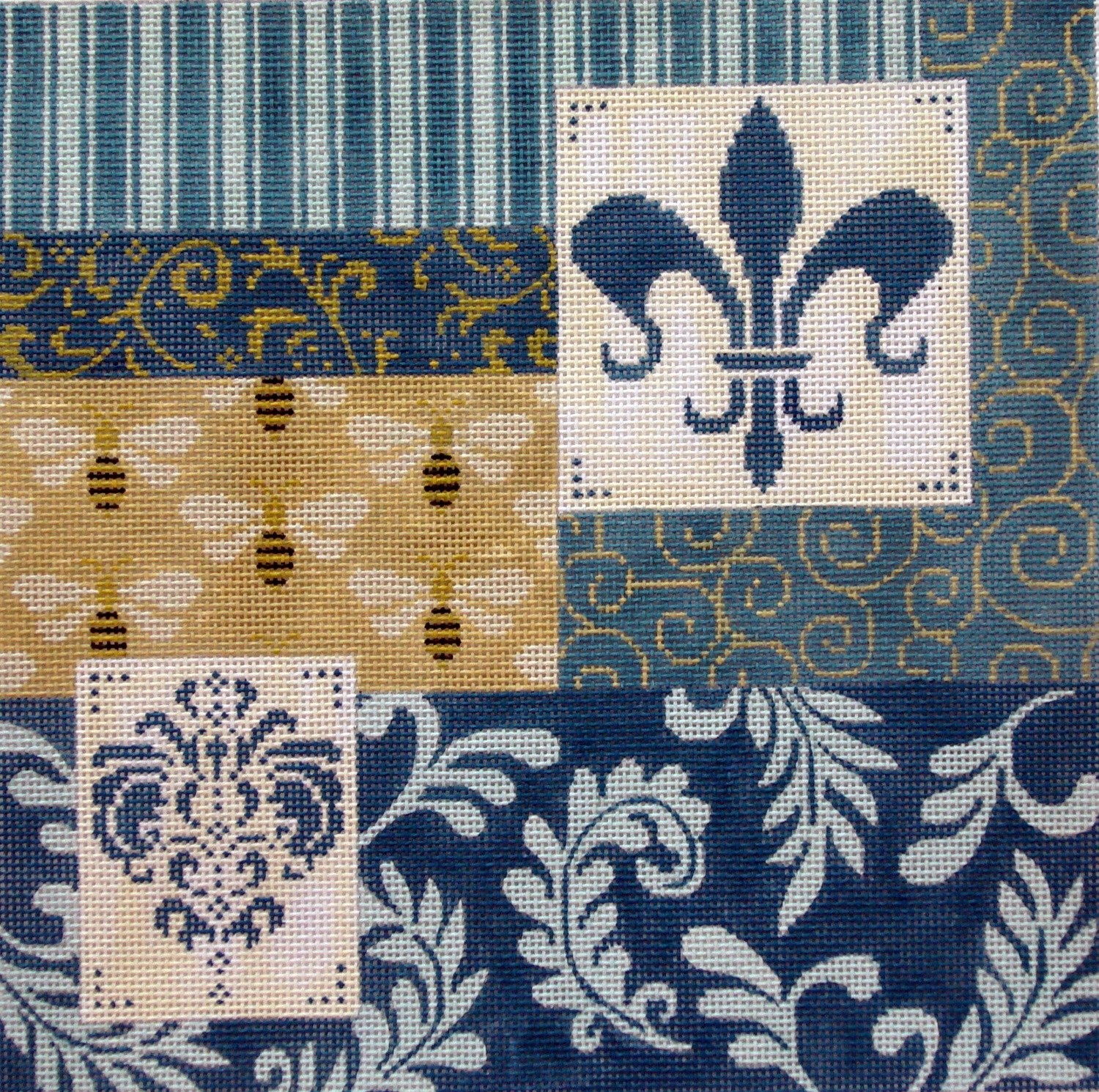 Blue Patchwork w/Fleur & Bees (Handpainted by JP Needlepoint) Blue Patchwork w/Fleur & Bees (Handpainted by JP Needlepoint)