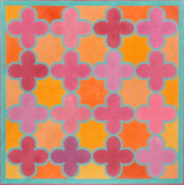 Moroccan Tiles (Quatrefoils in pinks, oranges w/turquoise) (Handpainted by Kate Dickerson Needlepoint Collection) Moroccan Tiles (Quatrefoils in pinks, oranges w/turquoise) (Handpainted by Kate Dickerson Needlepoint Collection)
