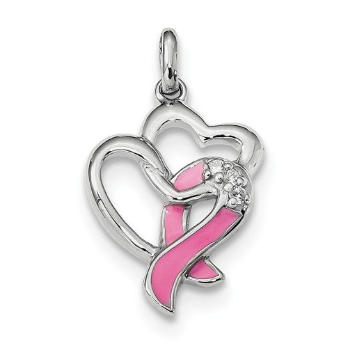 Sterling Silver Rhodium-Plated Enamel CZ Ribbon Heart Pendant Sterling Silver Rhodium-Plated Enamel CZ Ribbon Heart Pendant